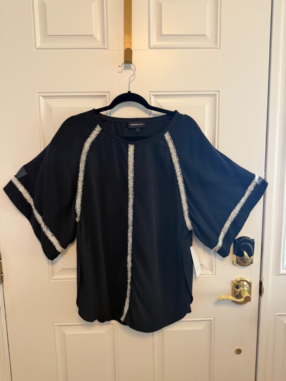 NWT - KAREN KANE -METALLIC & FRINGE TRIMMED TOP